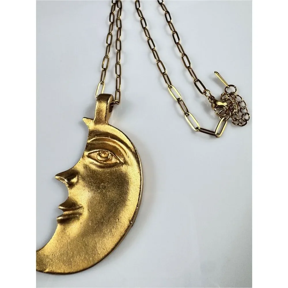 Free People Gold Moon Face Pendant Necklace